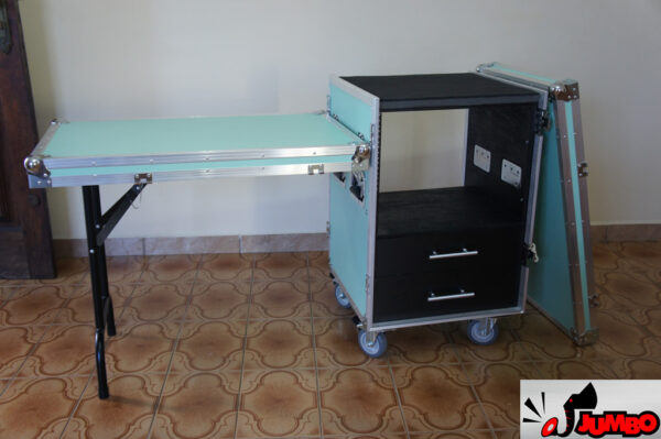 Rack 8U com mesa lateral e gavetas